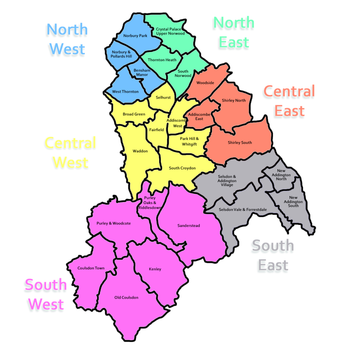 Graphic map of the locations around Croydon